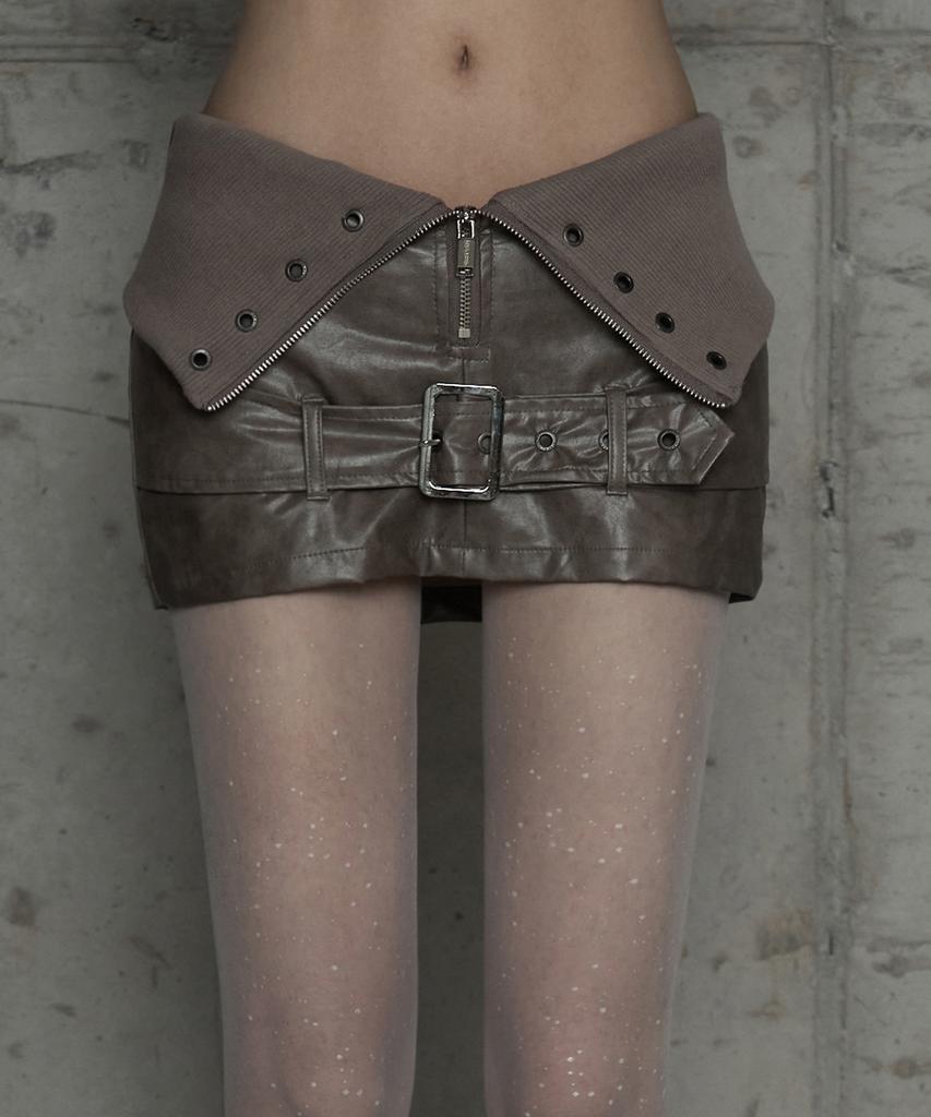 Etosome Front Zipper Belt Leather Skirt Pants (Moca)