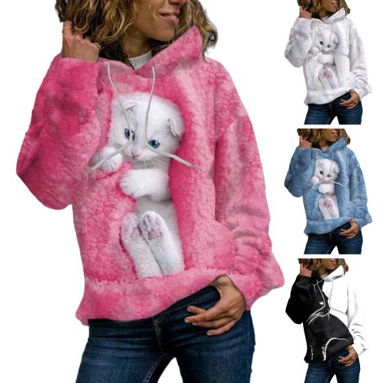 Yousheng Fall Winter Women Hoodie 3D Animal Print Loose Hooded Thick Plush Soft Warm Long Sleeve Pullover Mid Length Elastic Cuff Casual Top