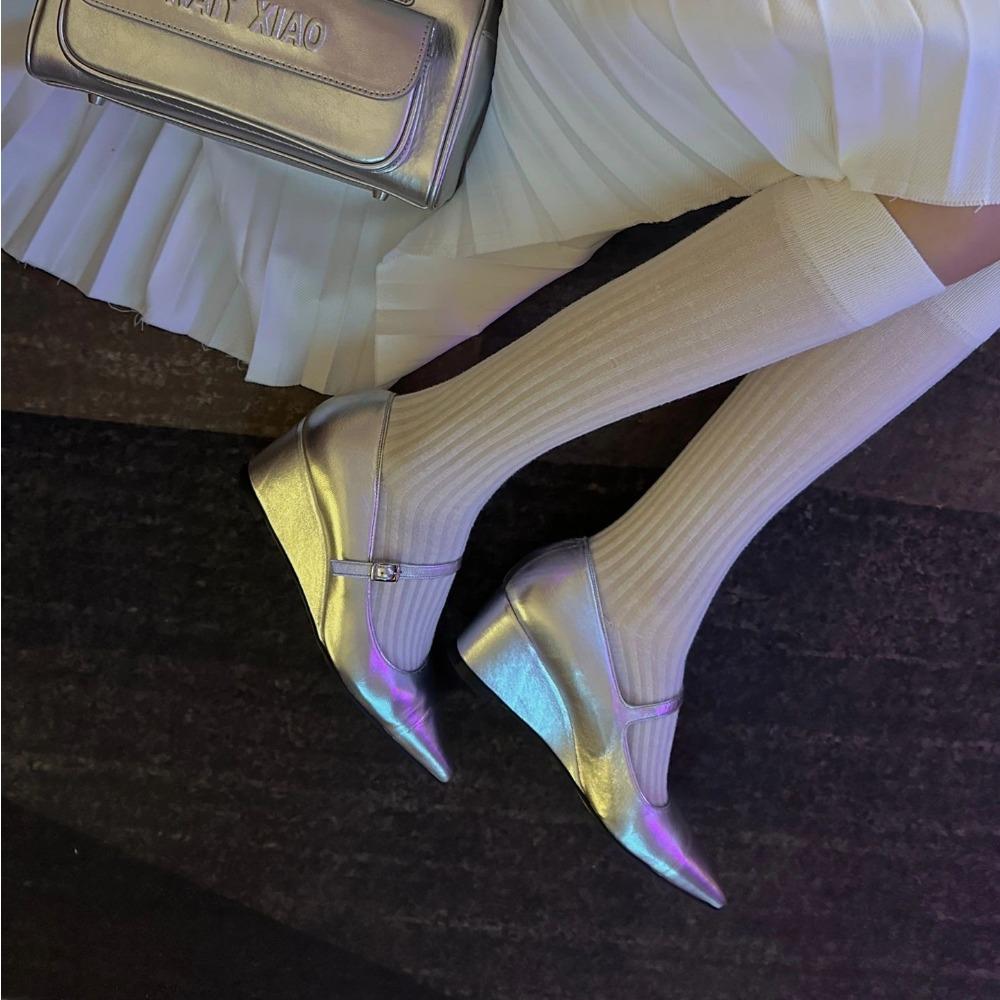 Fashion Strap Single Shoe Women's Leather Pointed Toe Wedge Heel Thick Heel Mary Jane Pumps for Womens 2025 Spring and Summer High Heels