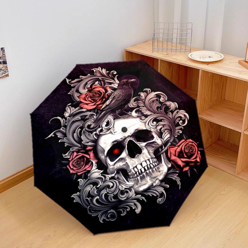 1Pc Skulls Automatic Umbrella - Suitable Travel Outdoor Portable Umbrella Birthday Gift Daily Essentials