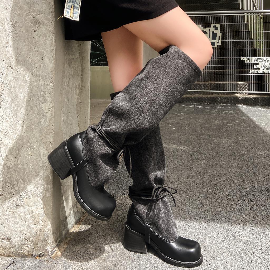 Thick Heel Strap Skinny Big Tube Black Boots Women's New Fashion Spice Girl Long Tube