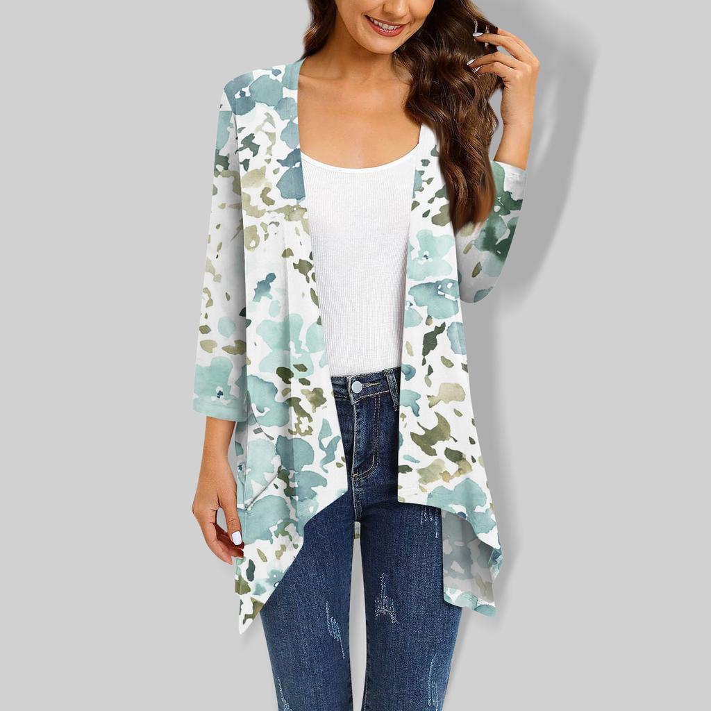 Женский кардиган неправильной формы с принтом, рукавами три четверти и карманной курткой