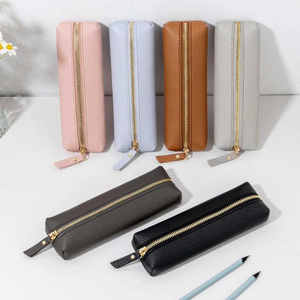 Lychee Grain Pen Case Zipper Pen Box Simple Pen Bag School Office