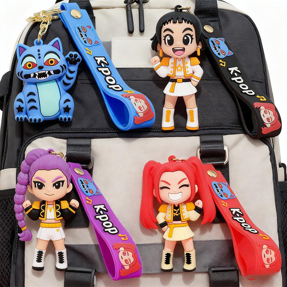 1-4Pcs Hot 3D Printed Anime Movie Kpop Demon Hunters Girls Derpy Keychains Doll Cute Tiger Action Model Toy Collection Gifts