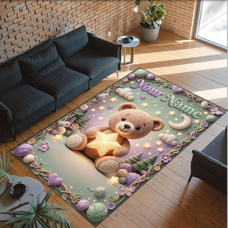 Teddy Bear Theme Crystal Velvet Rug Personalized Custom Name Text Soft Floor Mat Home Decor