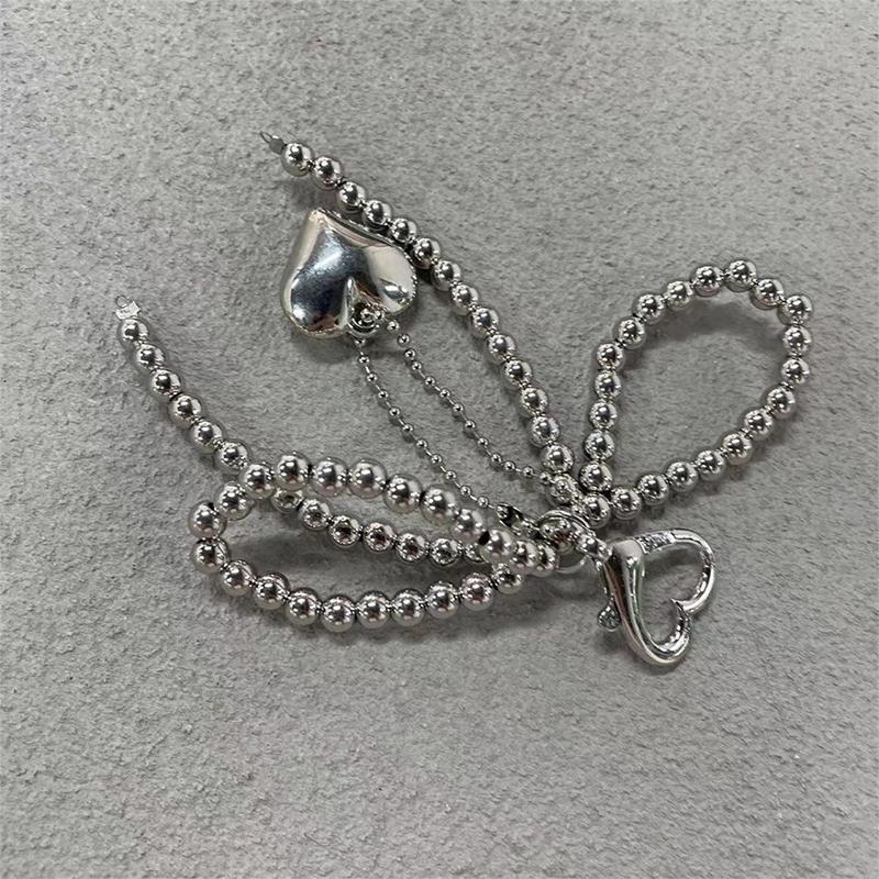 Temperament Sweet Bowknot Heart Pendant Keychain Beaded Phone Charm Bow Phone Lanyard Bag Decoration Accessories Gifts