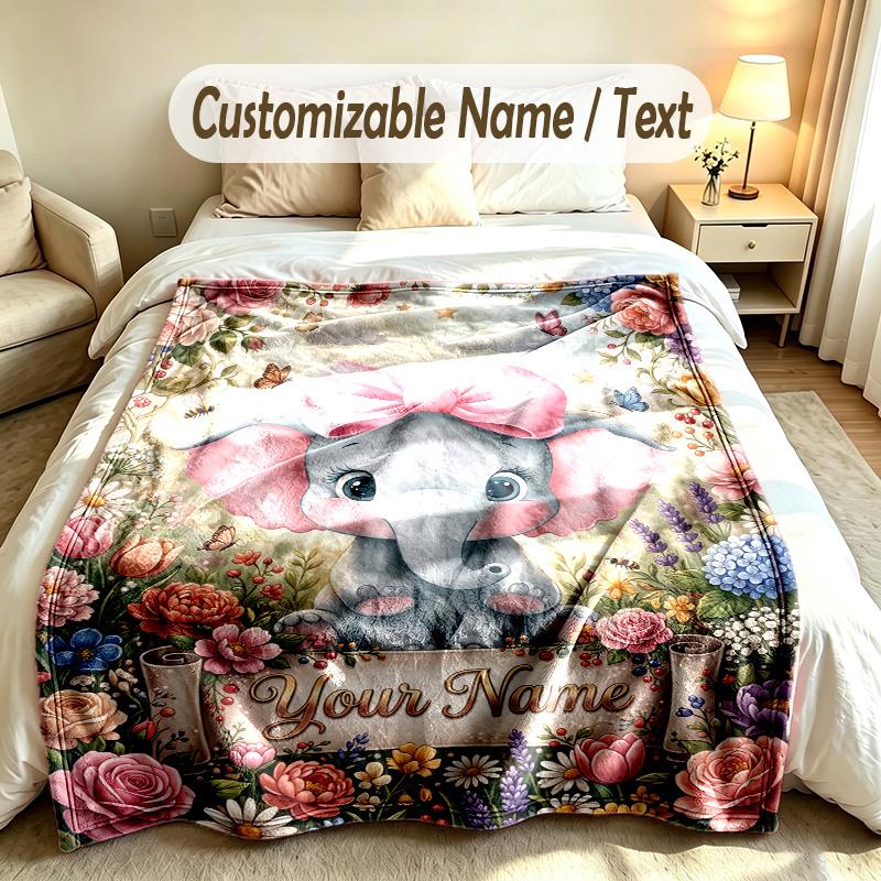 Elephant Theme Soft Blanket Personalized Custom Name Text Print Warm Blanket Home Sofa Bedroom Decor