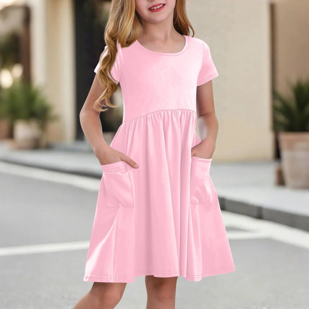 Children's Skirt Round Neck Short Sleeve Princess Dress Fashion Casual Pocket Dress For Girls