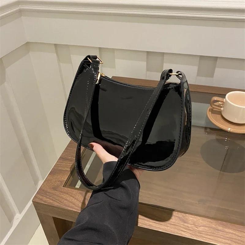 Retro fashion glossy PU leather shoulder bag casual commuting women's handbag single shoulder crossbody bag