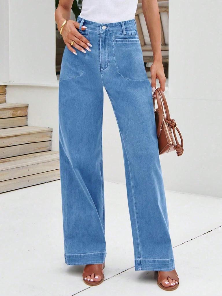Women's High Waist Wide Leg Jeans Stretch Denim Baggy Loose Fit Pants with Pockets