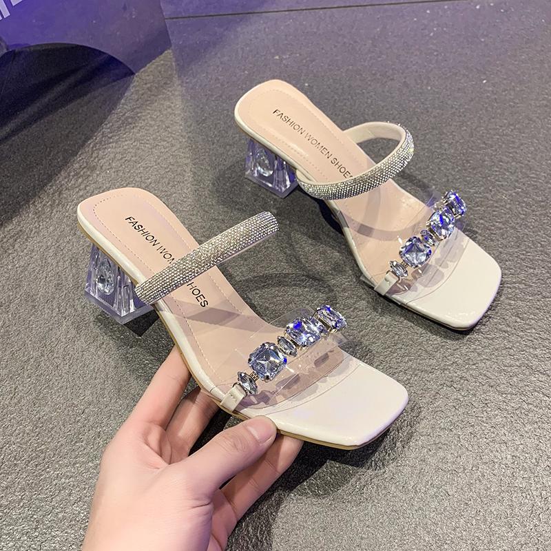Модные прозрачные босоножки на каблуке Летние новые с квадратным носком и открытым носком, с хрустальной линией, противоскользящие износостойкие шлепанцы на высоком каблуке
