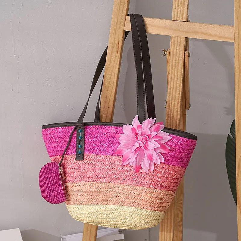 Knitted Straw Bag Summer Flower Bohemia Fashion Women's Handbags Color Stripes Shoulder Bags Beach ARI