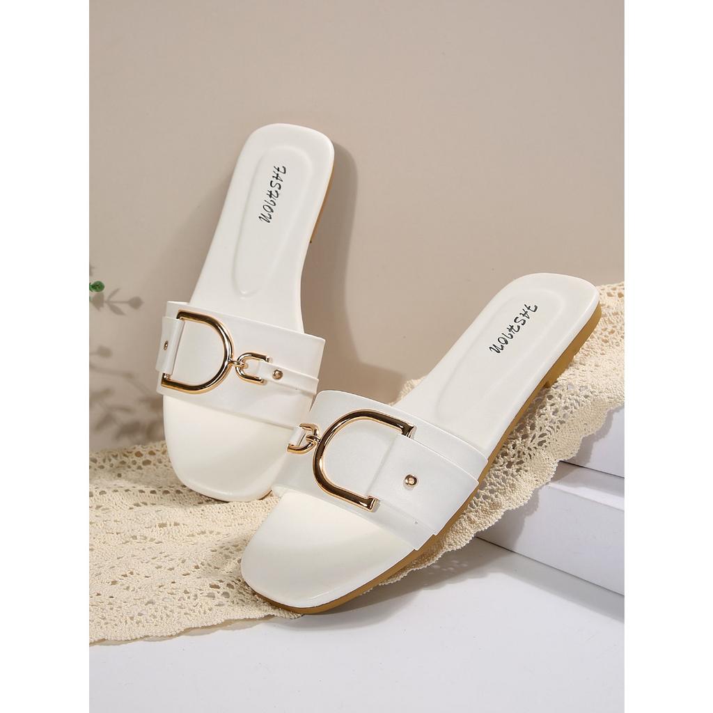 Женская обувь, новые модные тапочки, классический темпераментный комплект, однотонные сандалии с квадратным носком и металлическими украшениями