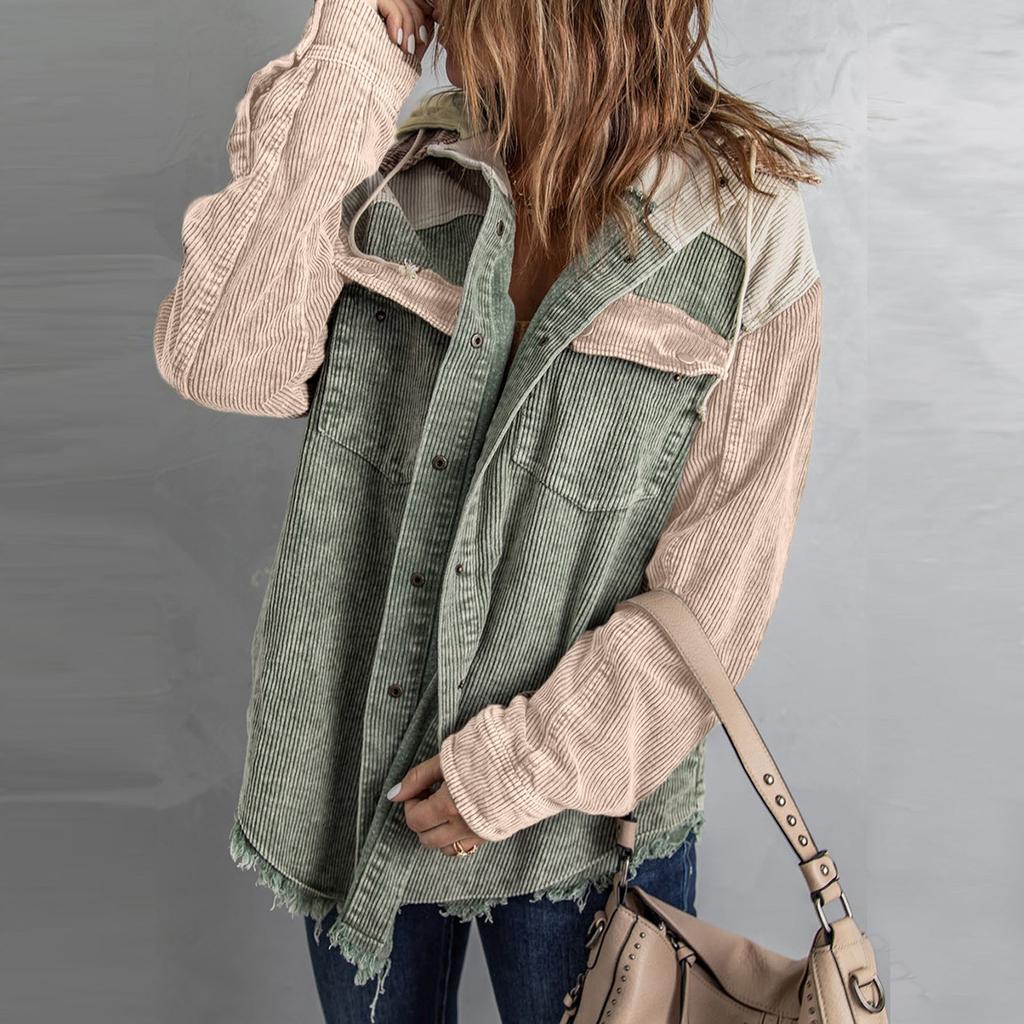 Women's Autumn Corduroy Shawl Jacket Long Sleeve Buckle Color Matching Hooded Jacket With Pocket