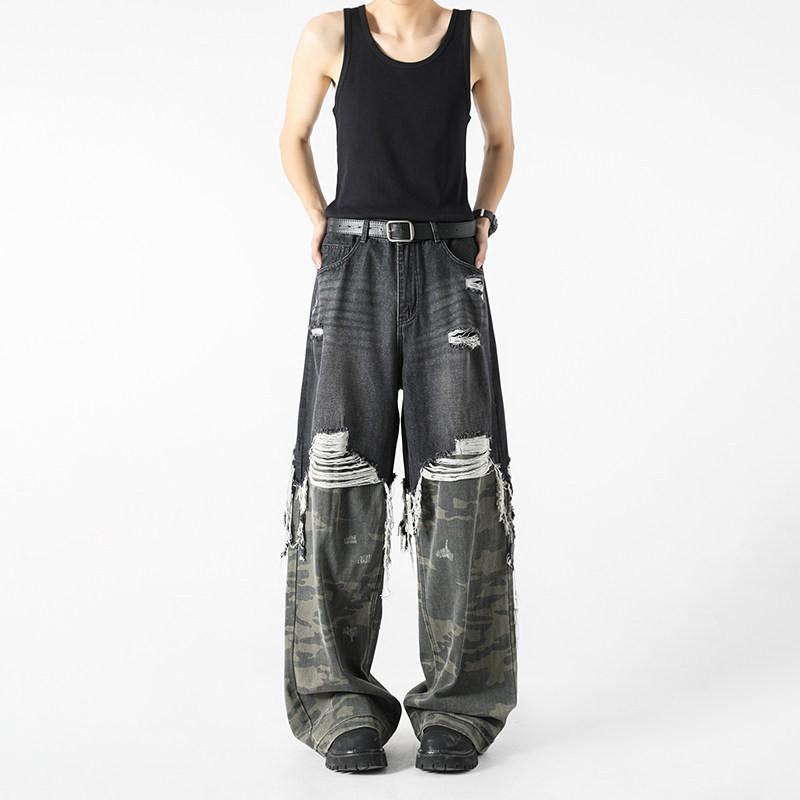 Unisex Oversized Straight Leg Denim Pants With Camo Patchwork Raw Hem Loose Fit Daily Wear