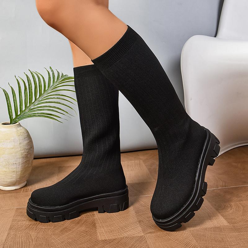 Мода Женская обувь Эластичная ткань Носок Ботильоны Комфорт Большие размеры Обувь Женские сапоги до середины голени Досуг De Mujer Женские сапоги на платформе