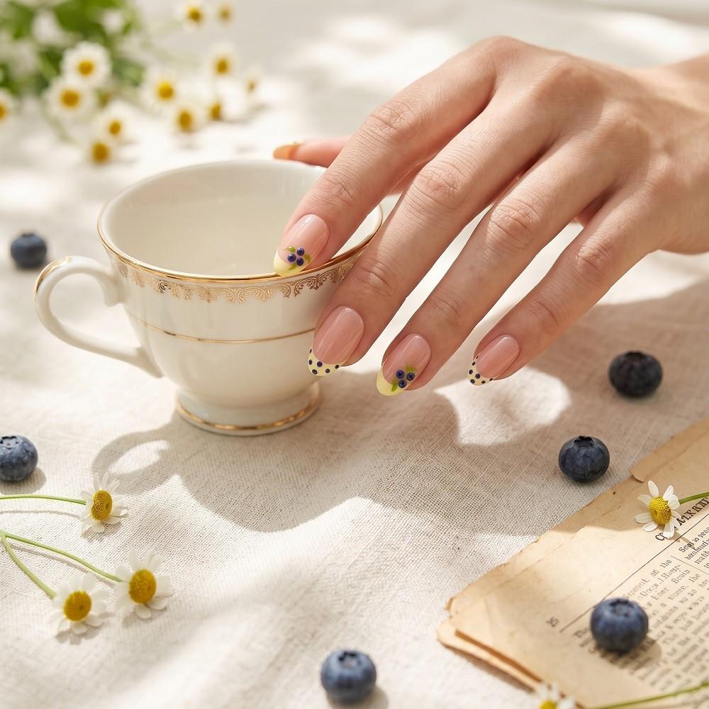 Handmade Press On Nail Simple French Gentle Yellow Fingertips Hand-painted Hand painted Polka Point Almond Fake Nail Patch Artificial Nail Reusable
