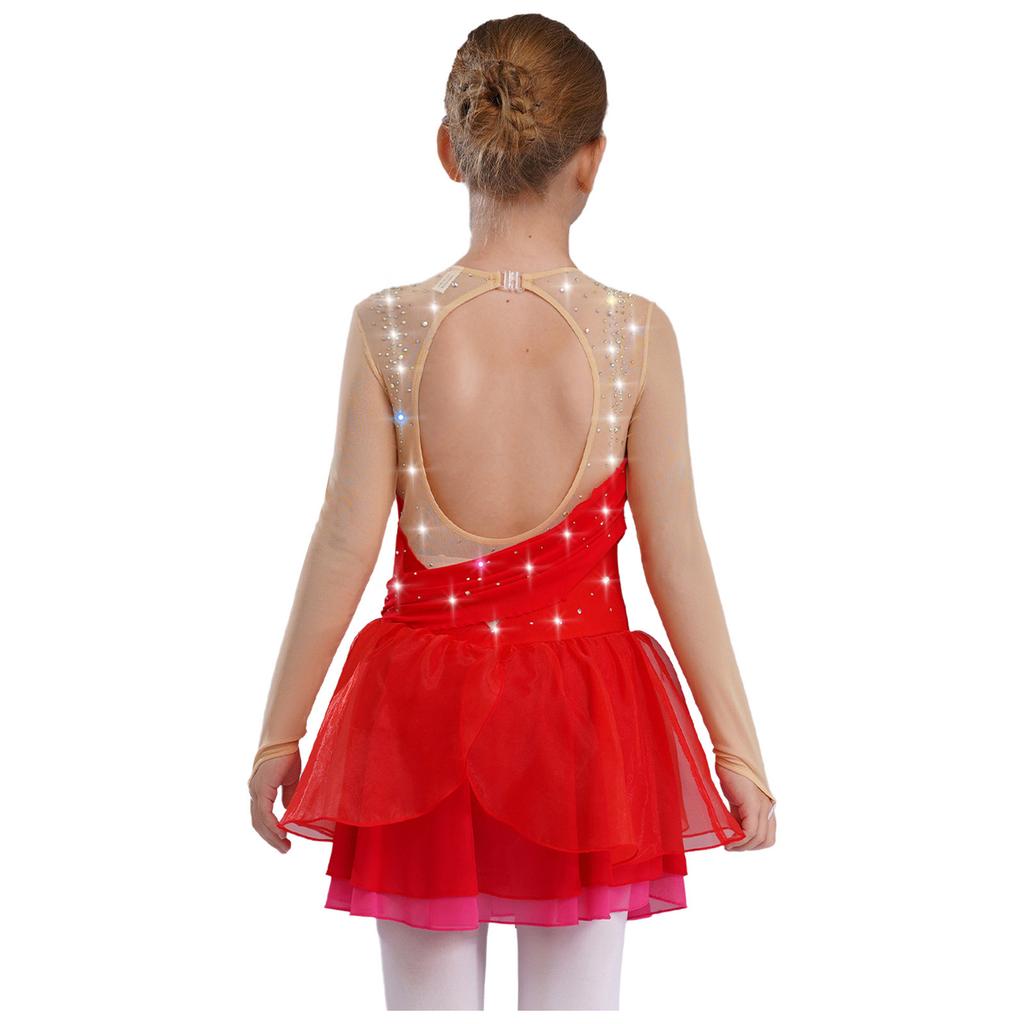 Платье для фигурного катания с блестками и стразами, с длинным рукавом, из прозрачной сетки, с вырезом на спине, лирический костюм для выступлений