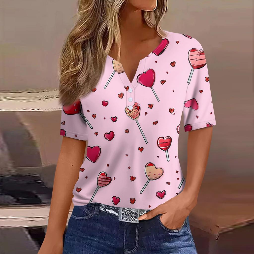 Жен. Футболка Футболка С принтом Пуговицы С короткими рукавами Повседневные Выходные Мода Классический V-образный вырез Обычный Верх