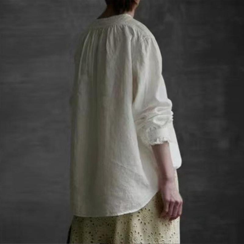 Johnature French Vintage Patchwork Ruffle Edge Round Neck Shirt For Women Casual Versatile Loose Vacation Blouses