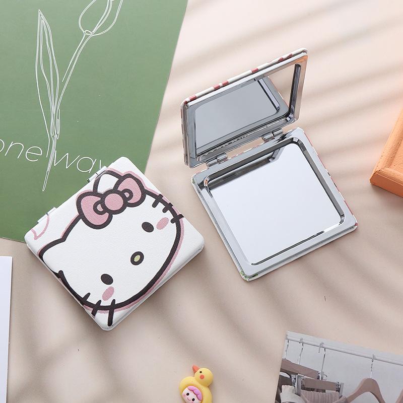 Серия Sanrio Hello Kitty Каваи Мультяшный Аниме Рамка Искусственная Кожа Девичье Сердце Мини Складное Мини Двустороннее Зеркало Подарок на Праздник