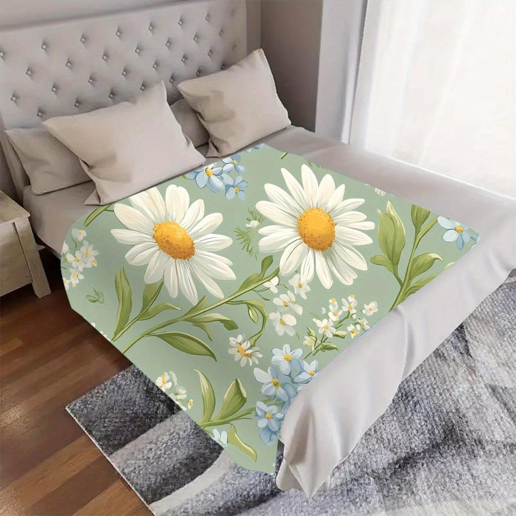 1pc Daisy & Blue Flower Digital Printed Throw Blanket - Soft, Warm All-Season Flannel, Contemporary Style, Ideal for Home, Bedro