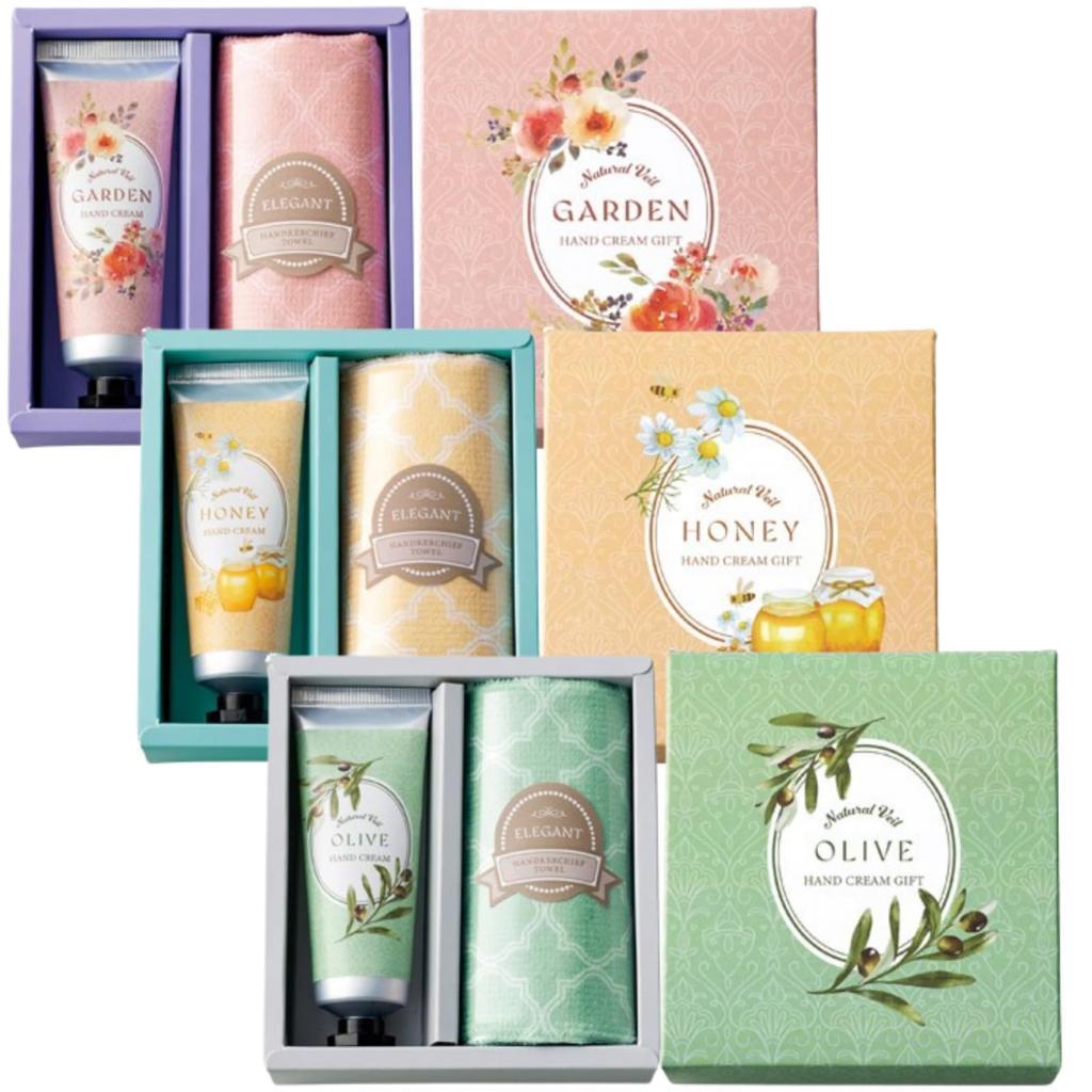 Set of 6 Marutatsu Label Hand Cream Handkerchief Towel Assortment in Garden Olive and Honey A popular small gift for perfect as a birthday