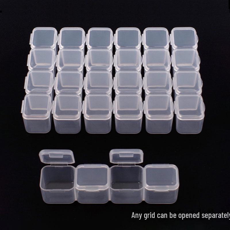 Small Jewelry Storage Box with 28 Grids, Perfect for DIY, Nail Art, Medicine & Accessories. Flat Bottom Diamond Plastic Design.