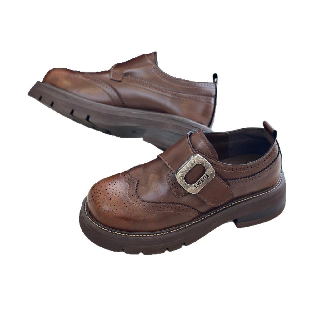 Leather British Style Carved Pollock Leather Shoes Jk Velcro Black Derby Retro Platform Loafer Small Leather Shoes Women