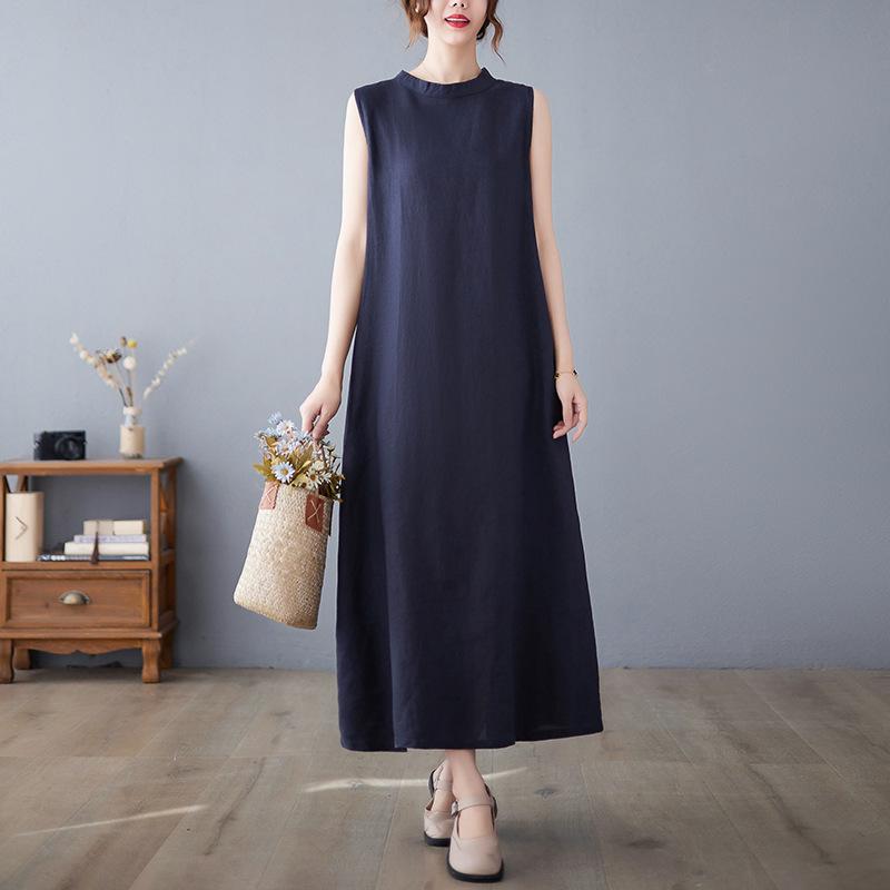 Summer Artistic Loose Solid Color Cotton Hemp Round Neck Sleeveless Dress for Women Medium To Long Casual Dresses