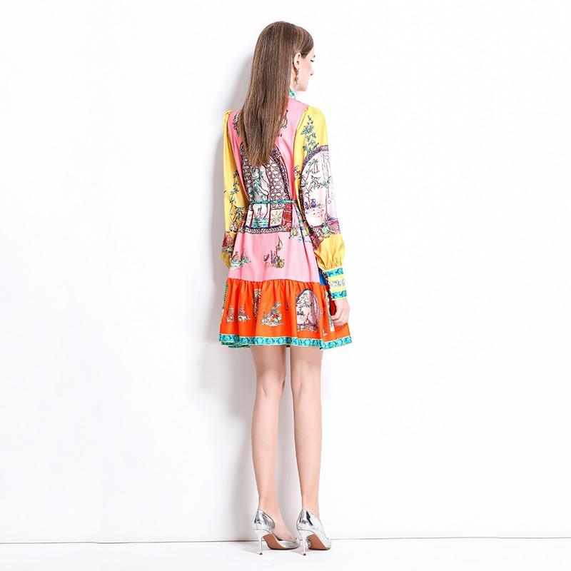 Лето Осень Женщины Винтажный Принт Дизайнер Подиумное Платье Фонарики Рукава Мини Короткие Праздничные Платья Для Вечеринок