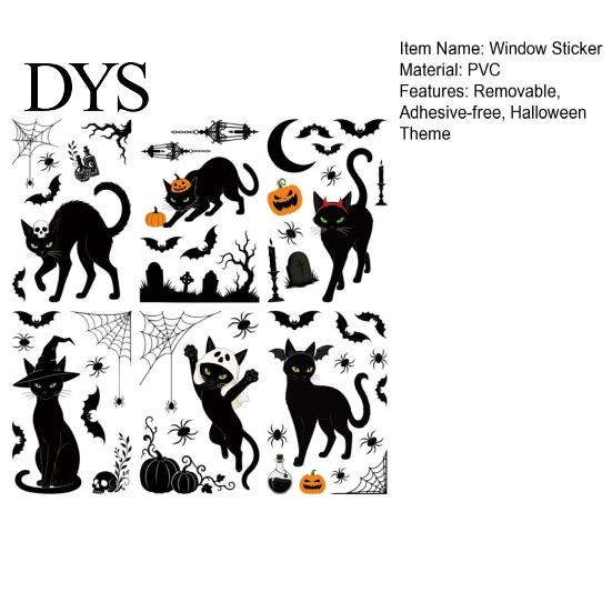 Easy Apply Electrostatic Decals 6 Sheets/Set Black Cat Window Stickers, Adhesive Free Static Clings, Removable Stickers Halloween Bat Pumpkin