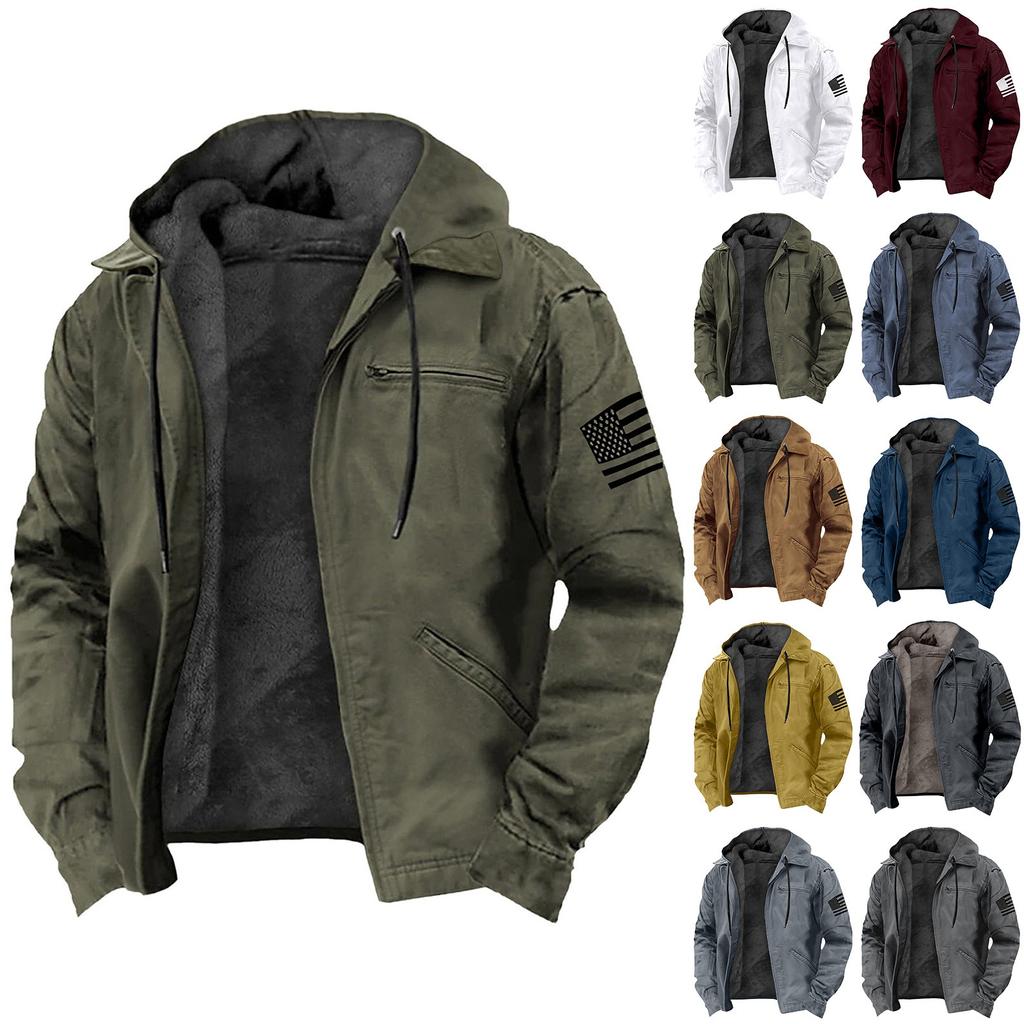 Men's Casual Zippered Pocket Hooded Jacket Men's Solid Color Fashion Warm Jacket