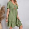 Summer Women Loose Cake Dress Short Sleeve V Neck