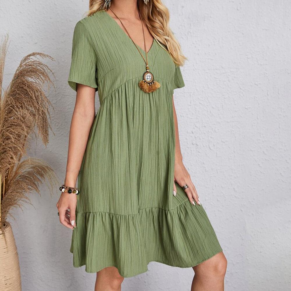 Summer Women Loose Cake Dress Short Sleeve V Neck
