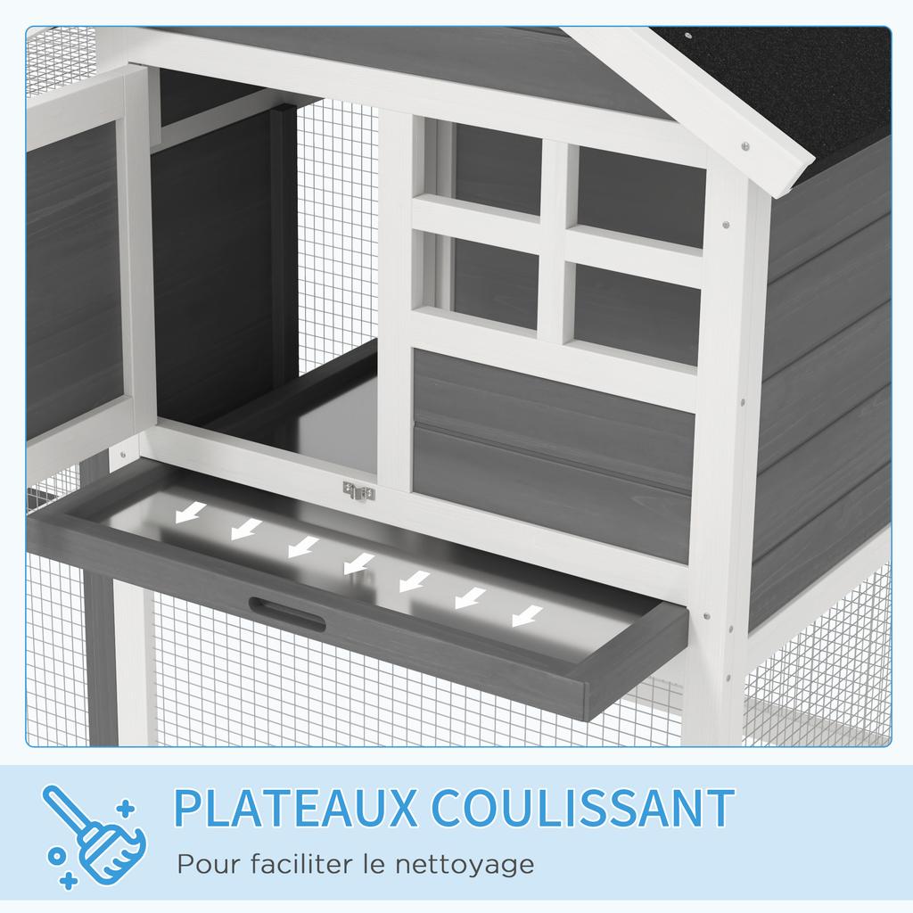 Multi-Equipped Rabbit Hutch Cage: Upper House with Ramp, Droppings Tray, Window + Outdoor Run