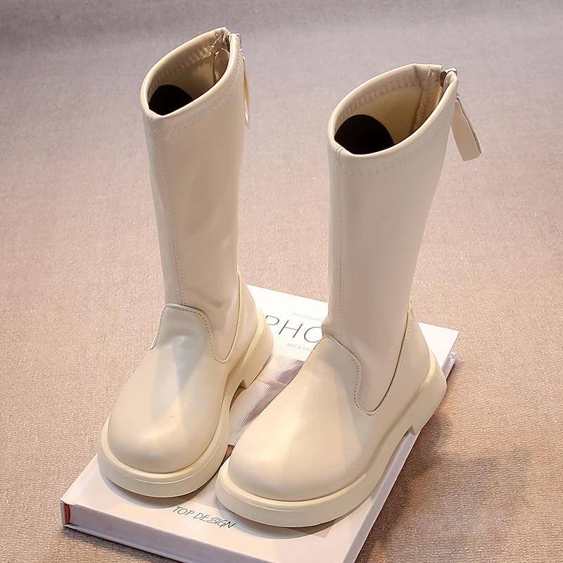 Children Long Boots Solid Color Knee-high Autumn Kids Boot Soft Pu Leather 26-36 Trendy Zipper Light Comfy All-match Girl's Shoe