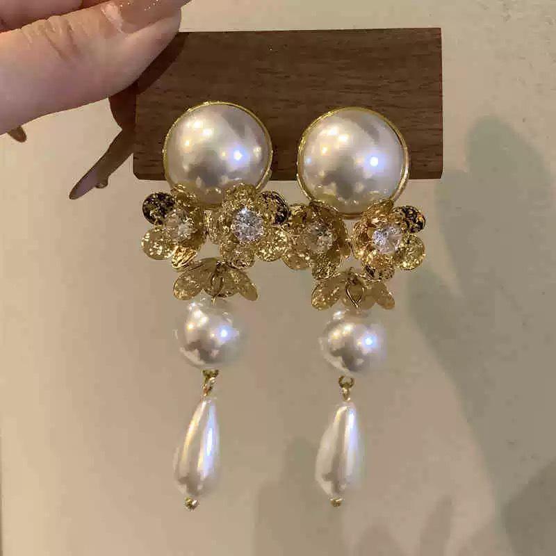 Pearl Tassel Earrings with Silver Needle & Floral Design – Medieval Vintage Style for Women