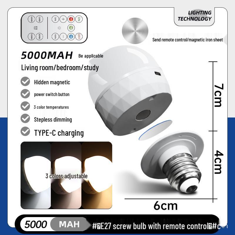 Беспроводная RGB LED лампочка с магнитом и зарядкой Type-C для дома, кемпинга и использования на открытом воздухе