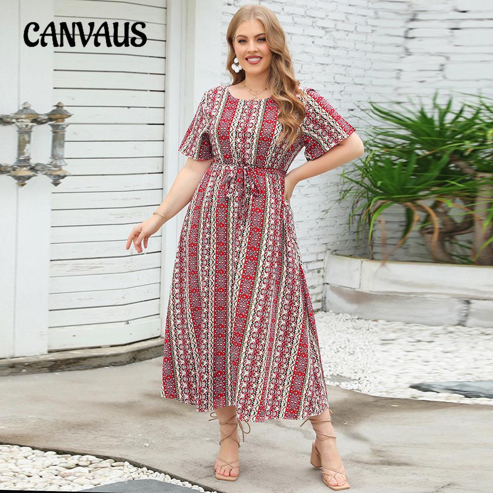 Summer Women's Dress Large Size Ethnic Style Striped Print Round Neck Short-sleeved Dress