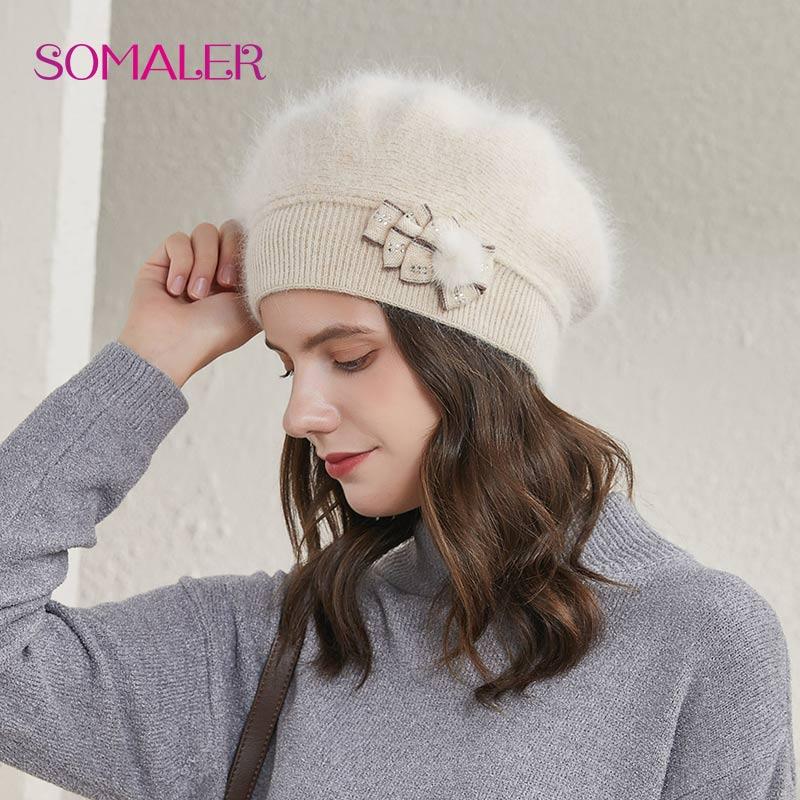 SOMALER Angora Wool Beret Hats for Women Winter Lining Caps Ladies Fashion French Style Beret Hat