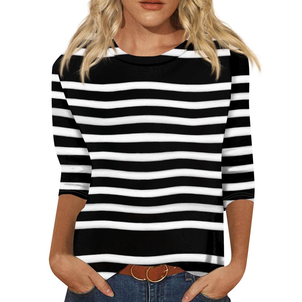 Женская модная повседневная футболка с круглым вырезом, рукавом три четверти и полосатым принтом