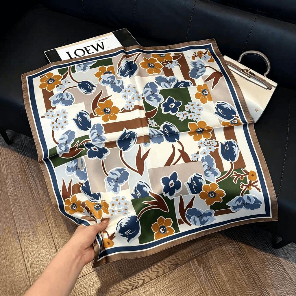 Lao Qian Feng Coffee Color Cashew Nut Silk Scarf Headscarf Versatile Neck Square Scarf Premium Sense Female Foreign Style Decorative Scarf Scarf