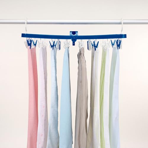 Towa Sangyo Laundry Drying Rack with LST Side Hooks, 32 Pinch Clothes Hangers, Blue, Anti-Tilt, Double Hooks, Large, Approx. 33cm Wide x 60cm Deep x 3