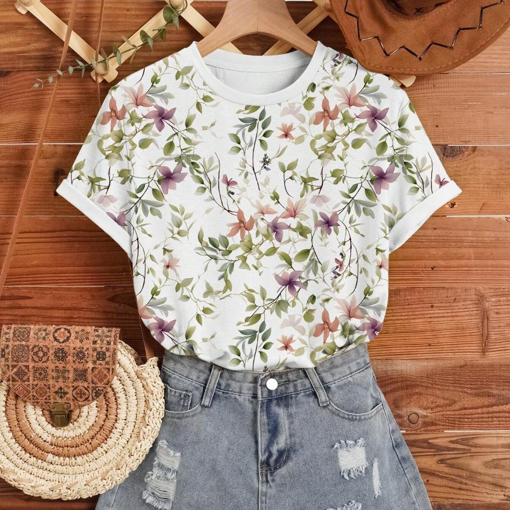 Elegant Retro Art Floral 3D Print Short Sleeved Womens T Shirt Summer New Fashion Trend Daily Comfortable Women's Clothing