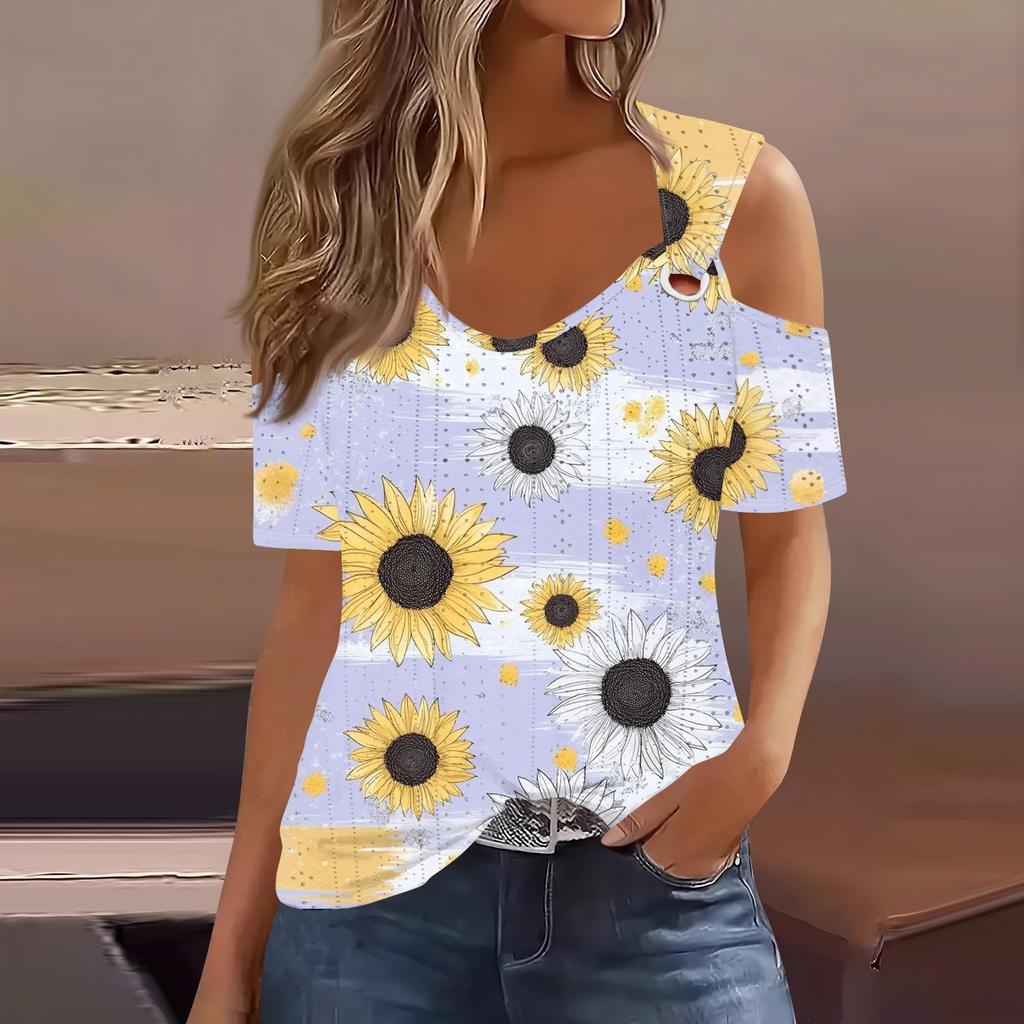 Sexy Cold Sholuder Tops For Women Summer Hollow Out Eyelet Short Sleeve Blouse Loose V Neck Tshirt Trendy Casual Tunics