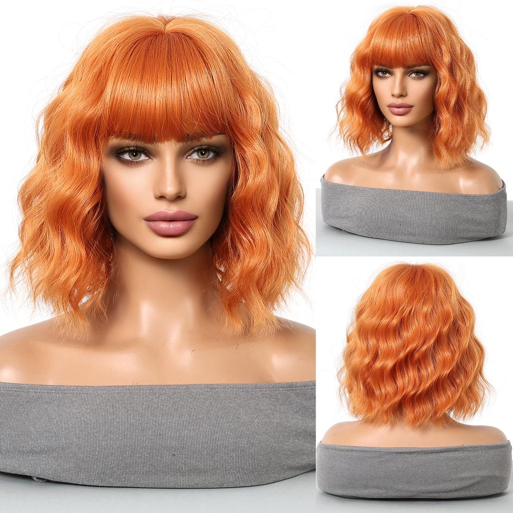 Women's Front Lace Heat Resistant Short Curly Wig with Blunt Bangs Ladies Fashion Natural Looking Golden Bobo Wig
