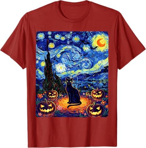 Halloween Black Cat Van Gogh Starry Night Cat Costume Women TShirt Y2k Kitten Pumpkin Spooky Graphic Outfit Novelty Tee Gifts