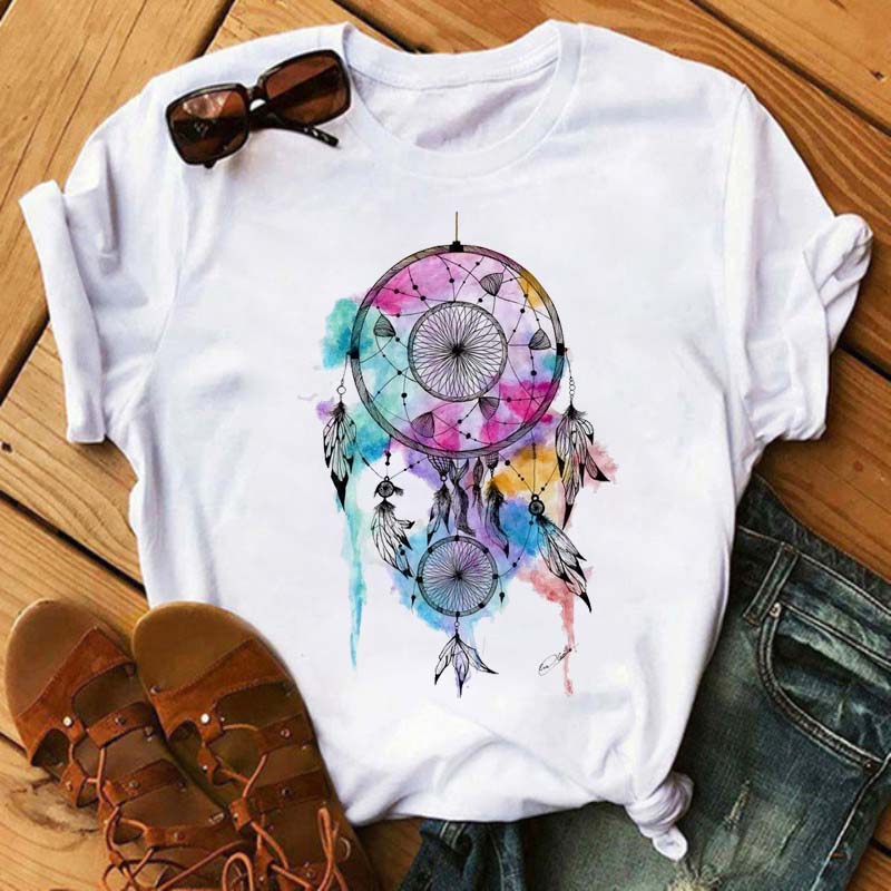 Maycaur Women Summer Short Sleeve Dreamcatcher Feather 3D Print Lady T-shirts Top T Shirt Tee T-Shirt