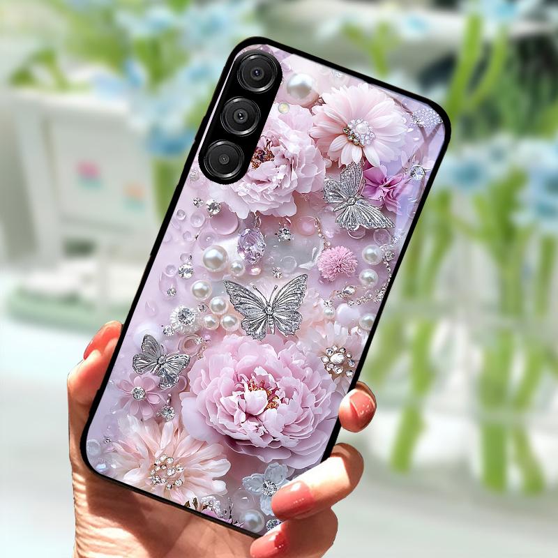 Для Samsung A56 Стеклянный чехол A26 A36 Жесткий ПК Закаленное стекло Чехол для телефона Для Galaxy A15 A25 A35 A55 Мультяшный Роскошный Ударопрочный Чехлы